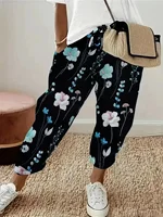 Women's Fashion Summer Plus Size 1XL-5XL  Floral Print Straight Elastic Drawstring Pocket Pants Ladise Casual Versatile Pants - Image 3