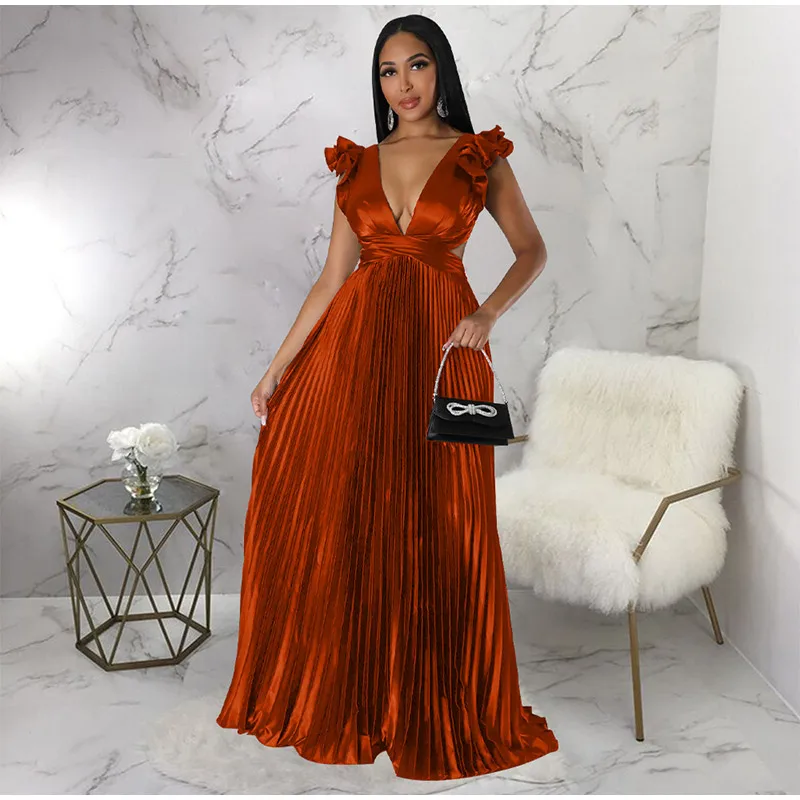 Women Solid Backless Elegant Long Dresses V-neck Pleated A-line Sexy Frock 2023 Spring Summer Evening Party Casual Style Dress