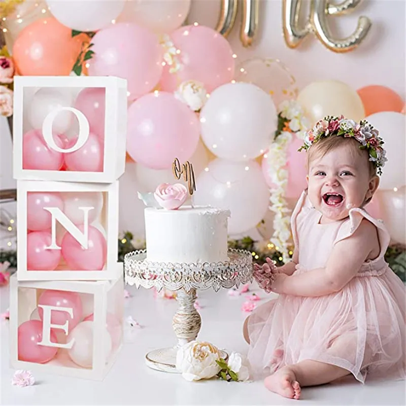 Baby First Birthday Balloon Boxes with Letter Kid 1st Birthday Decorations for baby shower Boy Girl 1 Year Old Birthday Backdrop newborn baby shower backdrop pink blue girl boy happy 1st birthday party custom photo background gold bow one year old banner