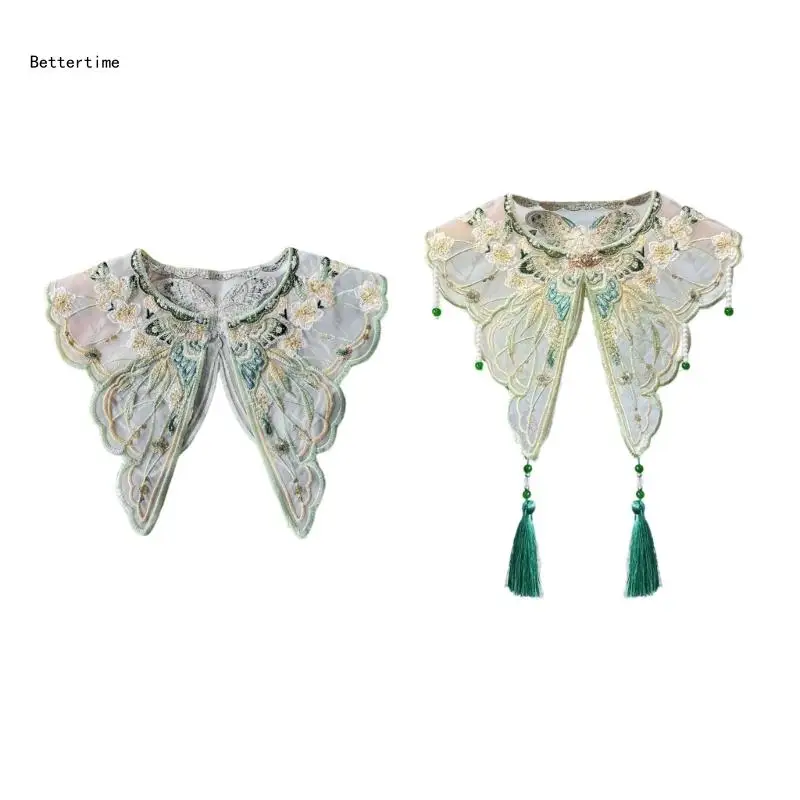 

B36D Girl Embroidery Butterfly Capelet Pearl Tassels Small Yunjian Shawl False Collar