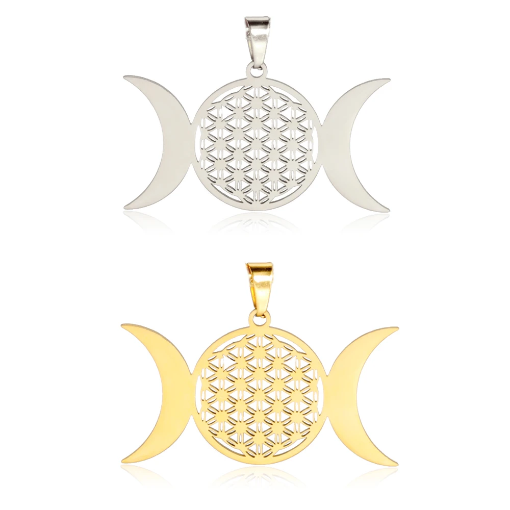 

5pcs/Lot Wholesale Double Crescent Moon Pendants Stainless Steel Flower Of Life Charms For Jewelry Making Diy Necklace Accessory