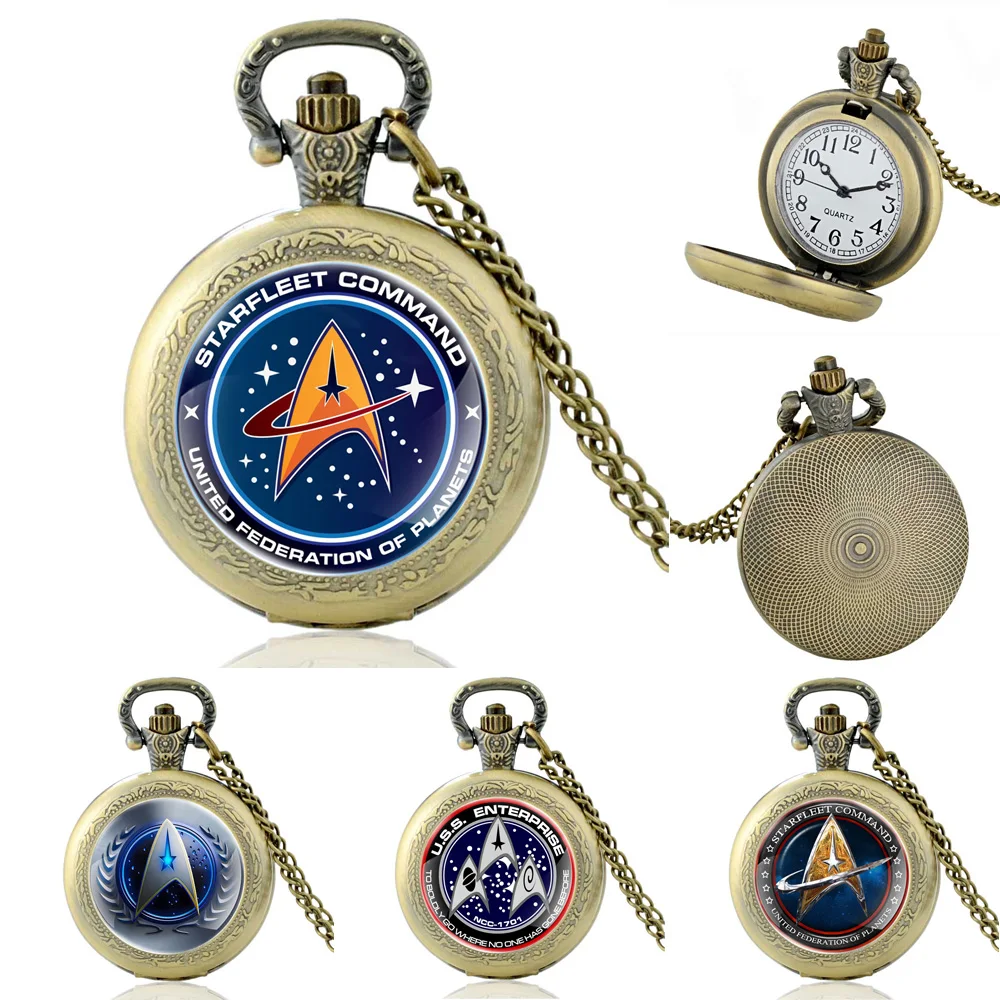 

Classic Starfleet Command Design Theme Quartz Pocket Watch, Vintage Bronze Men Women Necklace Watches