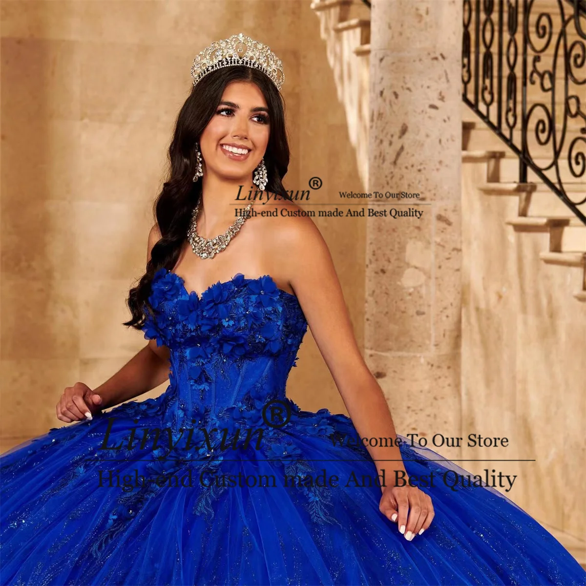 Royal Blue Quinceanera Dresses Beaded Sequined Handmade 3D Flowers Sweet 16 Dress Ball Gown Lace Up vestidos de 15 a&ntilde;os
