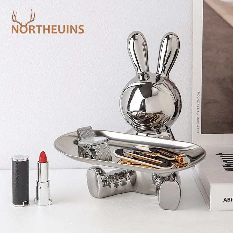 

NORTHEUINS Resin Electroplated Astronaut Rabbit Tray Figurines for Interior Home Office Desktop Storage Container Decor Objects