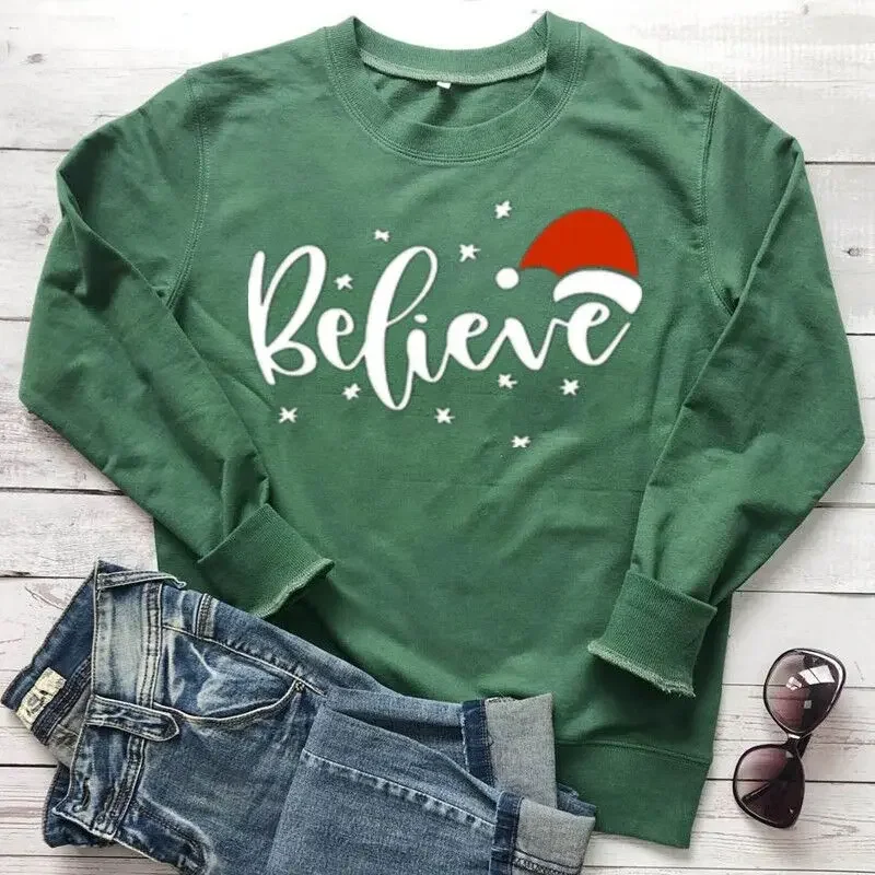 Believe Sweatshirt, Christmas Believe Santa Women's Holiday Loose 100% Cotton Solid Thicken Warm Women Sweatshirts Lady Fashion