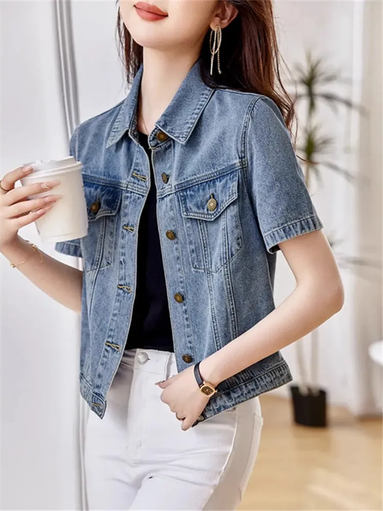 

Джинсовые куртки для женщин, летняя модная универсальная куртка с коротким рукавом, женское корейское джинсовое пальто на пуговицах с отложным воротником, Chaquetas