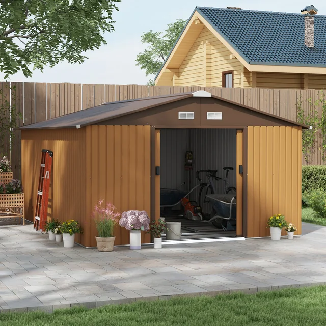 Abri à outils en acier pour jardin, rangement utilitaire extérieur, jaune, jardin d'arrière-cour, 13 po x 11 po 1