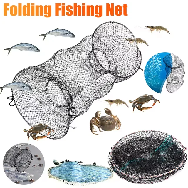 1Pcs Folding Round Nylon Mesh Metal Frame Collapsible Crayfish Crab Fish Trap Net Shrimp Lobster Cage Fishing Tackle Accessory