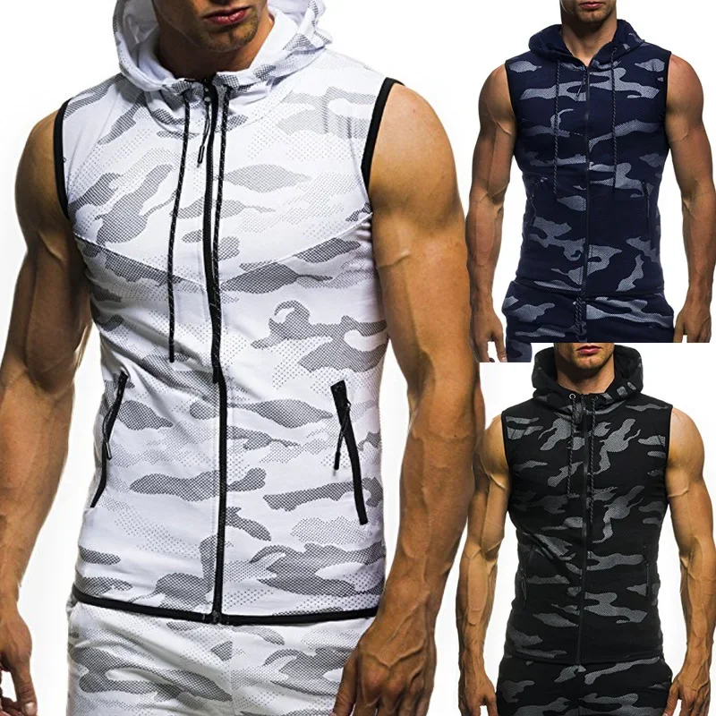 

Fitness Clothing Men Tank Top Zippered Hooded Vests Sleeveless Hooded Bodybuilding Pocket Tight-drying Vest Tops Sport Singlet