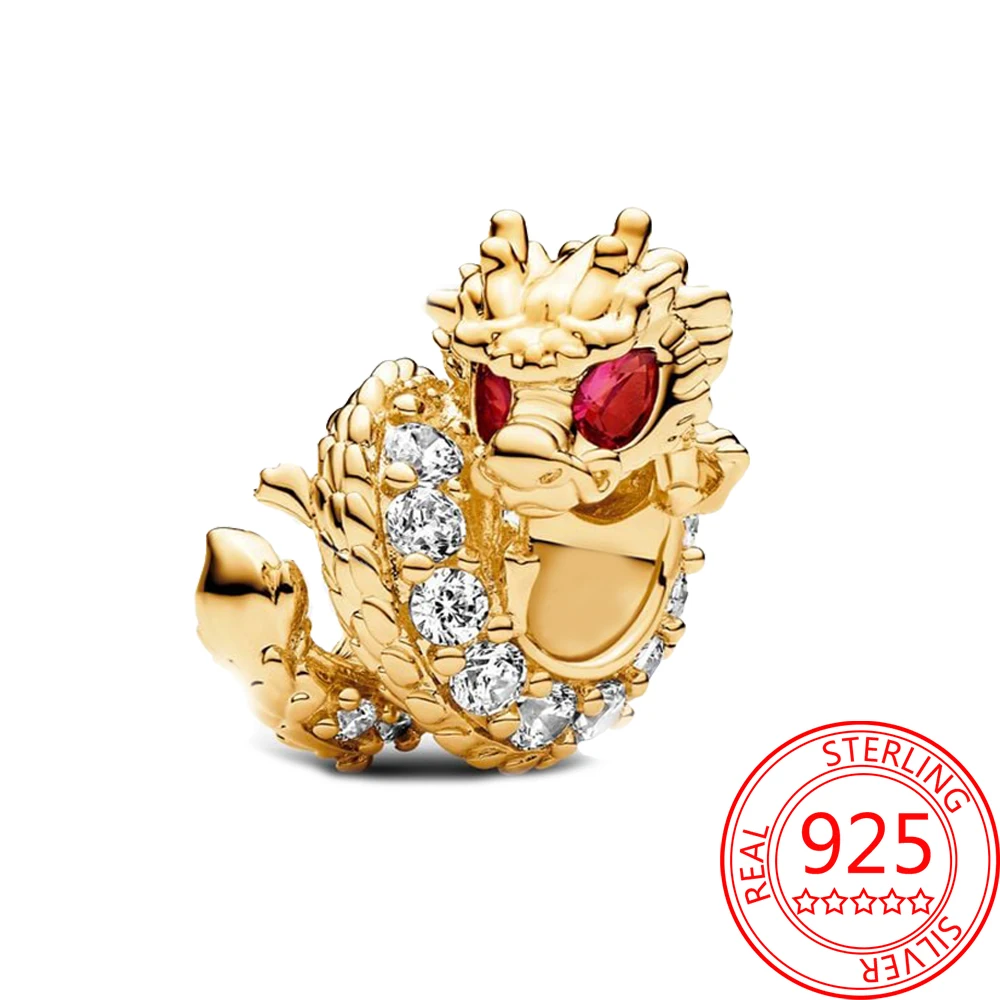 Golden Sparkling 925 Sterling Silver Chinese Year of The Dragon Charm Fit Pandora Bracelet Birthday Gift Beading