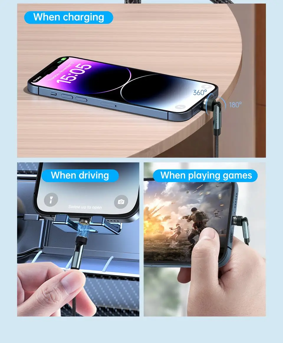 KUULAA 3-in-1-Magnetkabel 540 ° Drehen Sie das Schnelllade-Magnet-Ladegerät, Micro-USB-Typ-C-Kabel, Mobiltelefonkabel für iPhone Xiaomi – Detail 3