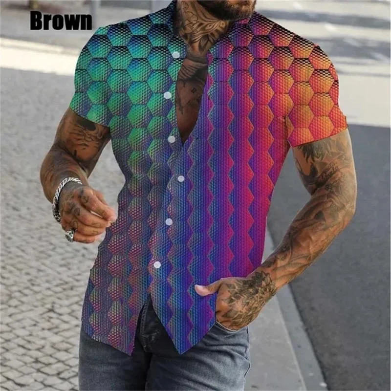 thumbnail image 1 of Camisa con estampado geométrico y personalidad en 3D para hombre, camisas casuales de manga corta con botones, camisas de playa de gran tamaño para hombre, 1 of 4