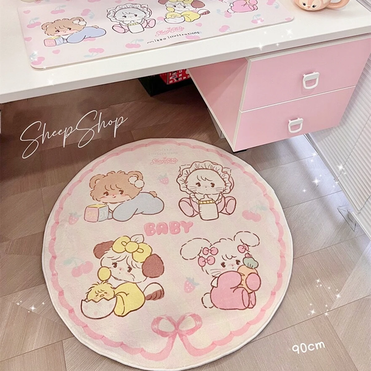 Cute Pink Round Rug Soft Fluffy Plush Carpets Bedroom Decor Bedside