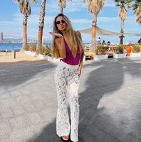 Blanc Jacquard Sheer Flared Pantalon Femmes Dentelle Fleur Creux Out Pants Vintage Trouser Y2k Vacances Vacances Plage D’été Nouveau 3