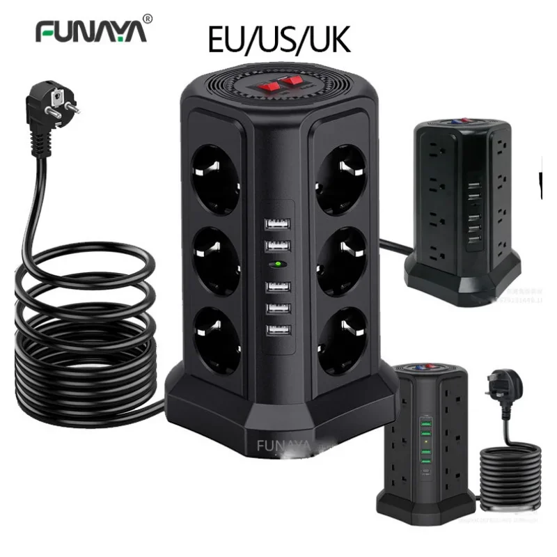 

Smart Table Tower Sockets EU/UK/US 3-layer 12 Outlets 10A 4 USB Typa-C 220v Vertical USB Lightning Protection Patch Panel Socket