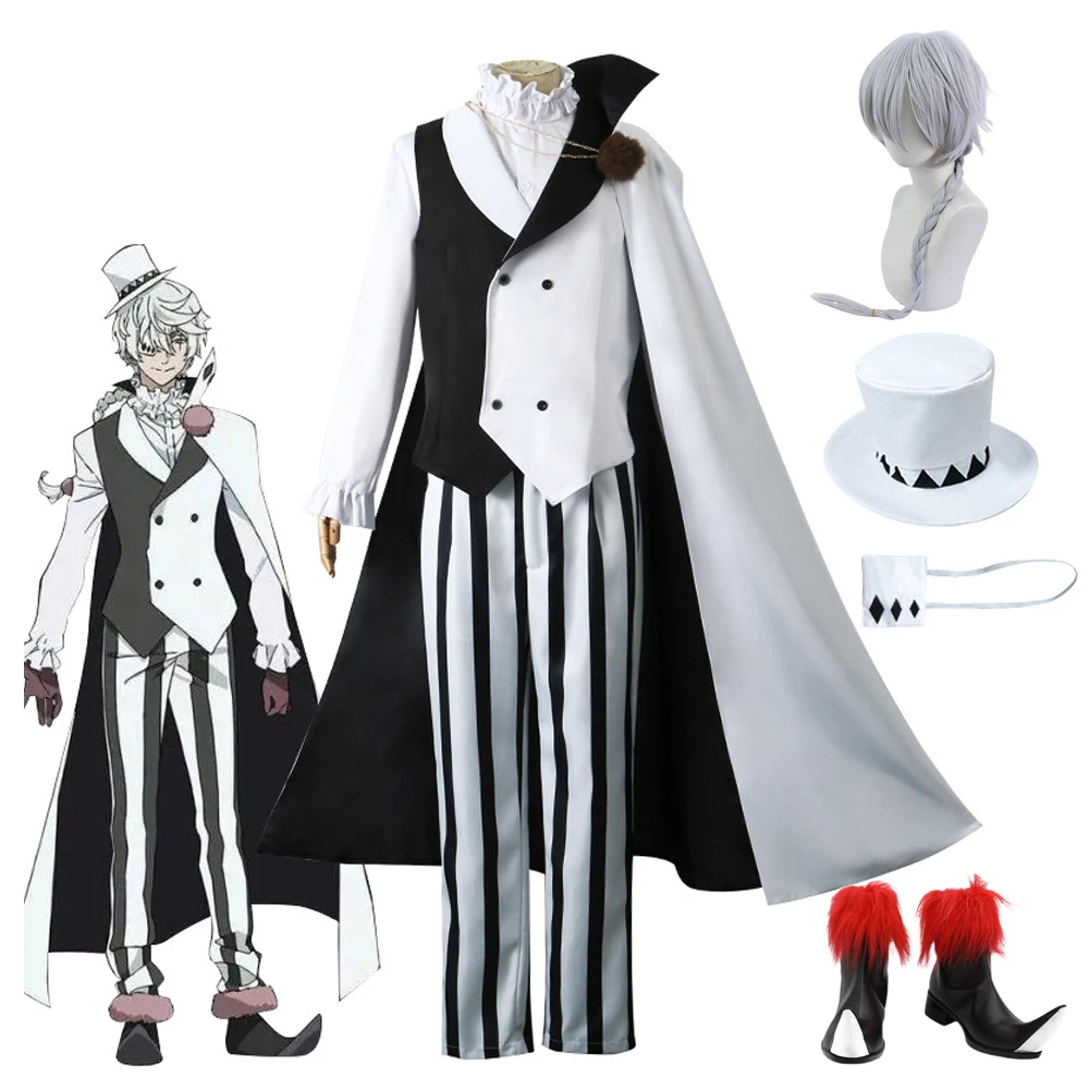 

Nikolai Gogol Cosplay Costume Hat Wig Bungo Stray Dogs Season 4 Cloak Anime The Overcoat White Black Uniform Shoes Eye Patch Set