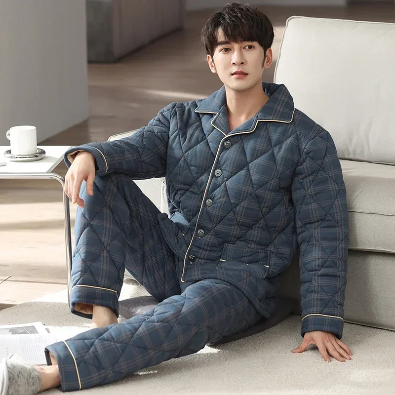 

Newest M-4XL Winter Plaid Pajamas Men Thick Quilted Pajama Sets Knit Cotton Sleepwear Suits Men's Clothing Pijama Hombre