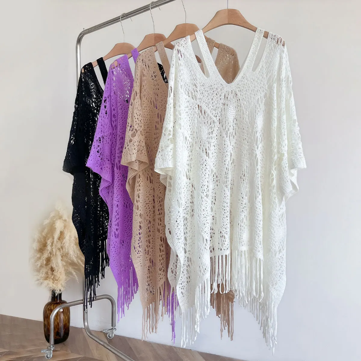 New Spring and Summer Fashion Women's Fringed Knitted Shawl Women Hollow out Solid Color Capes Knitted Pullover