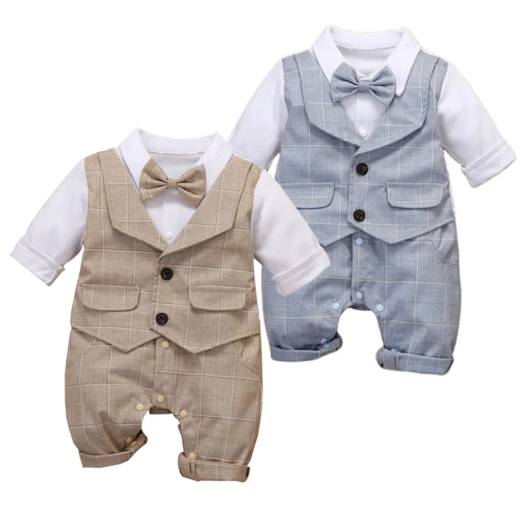 3-24M Formal Anniversary Dress Toddler Child Cotton Party Suit Infant Plaid Outfit Clothes Newborn Boy Vest Romper Baby Birthday 1
