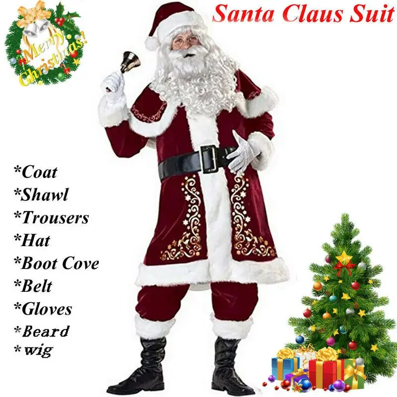 Adults 8pcs Men Christmas Santa Claus Suit Costume Cosplay Clothes Fancy Long Sleeve Christmas Suit 3