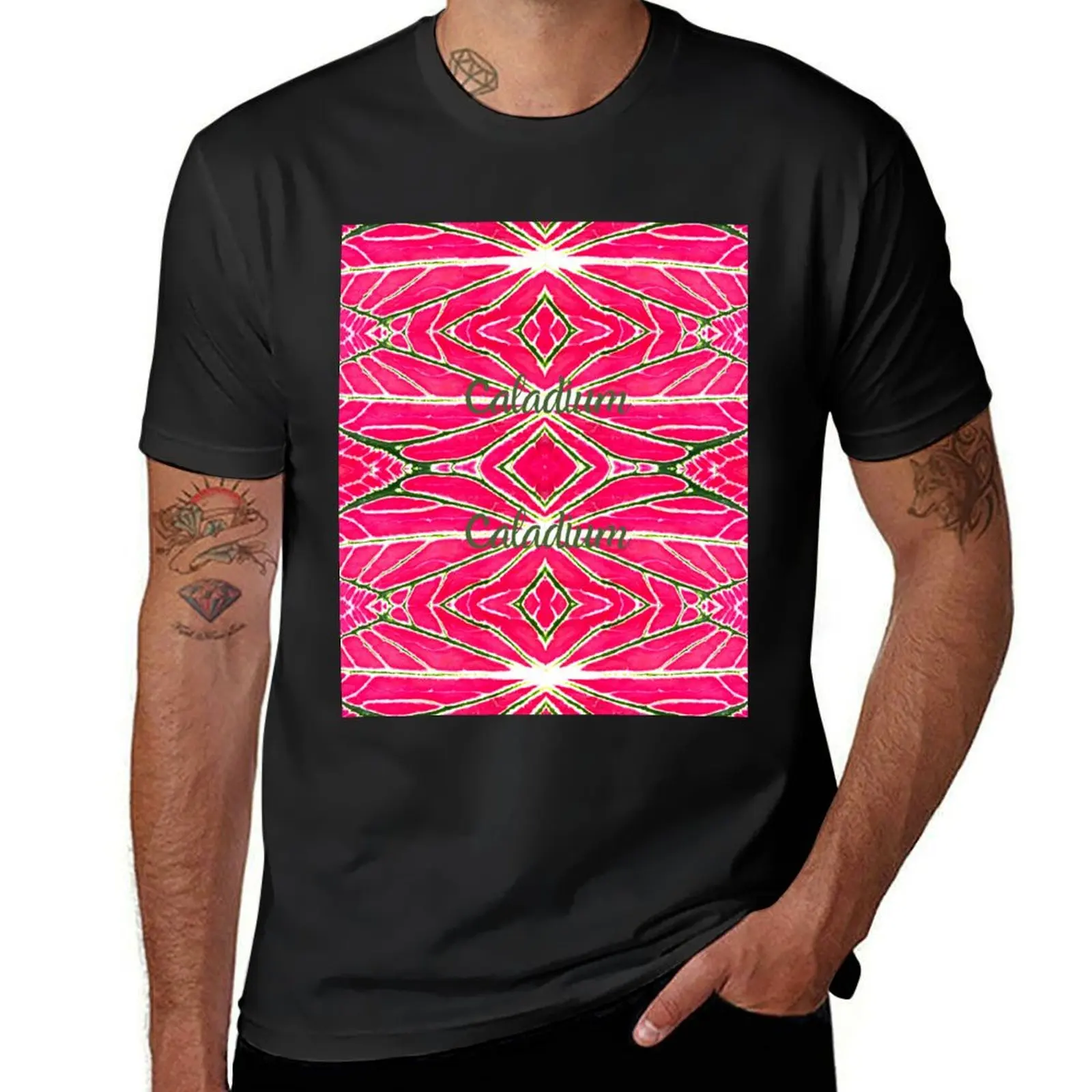 Camiseta con patrón de hoja de caladio rosa para hombre, ropa estética vintage, camisetas vintage