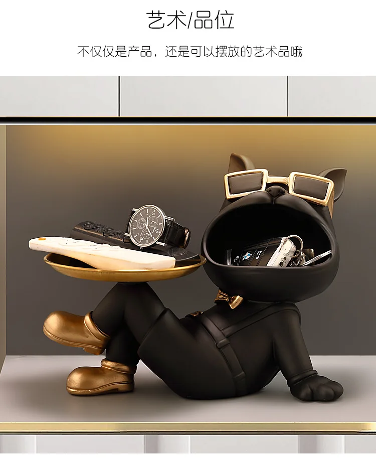 Bulldog Resin Figurine Ornament, Big Mouth Dog with Storage Tray, Candy, Key Storage Container Ornament, Tabletop Figurine