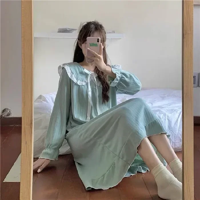 

Женские ночные рубашки, ночная рубашка, Женская Корейская одежда, летняя одежда для сна, милая одежда с воротником, женская домашняя Длинная женская одежда