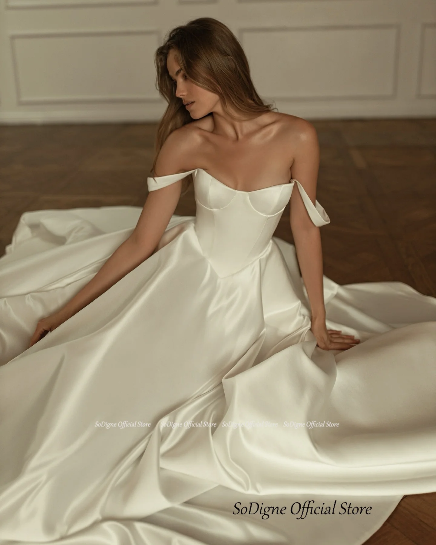 SoDigne Simple Satin A-line Wedding Dresses Sweetheart Sleeveless Off Shoulder Bridal Dress Long Bride Gown vestidos de novia 3