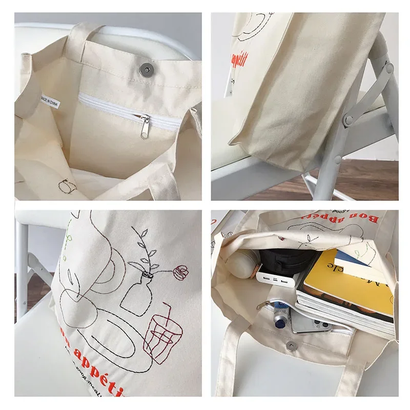 New women' Canvas Shoulder Bag Japanese Simple Female Handbag Student Embroidery Large-capacity Reusable Shopping Bag School Bag