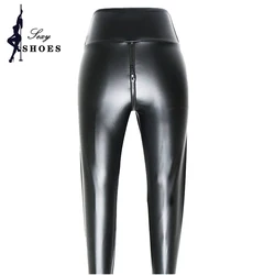 Elastic Black Matte Leather Double Zipper Open Crotch Leggings - XXXL (Black)