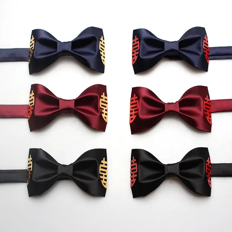 

Men's Groom Dress Wedding Dress Shooting Personalized Fashion Wine Red Navy Metal Double Happiness Bowtie
