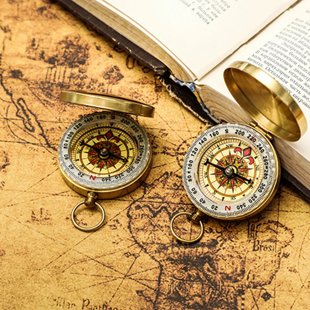 미니 휴대용 구리 탐색 나침반, 방수 등산 캠핑 하이킹 야외 하이킹을 위한 빛나는 레트로 플립 나침반