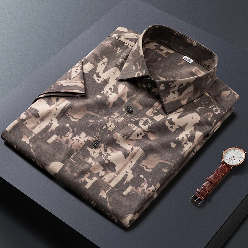 Summer New Men Short Sleeve Stretch Bamboo Fiber Dress Shirts Printed Soft Fashion Social Thin Smart Casual Shirt For Men