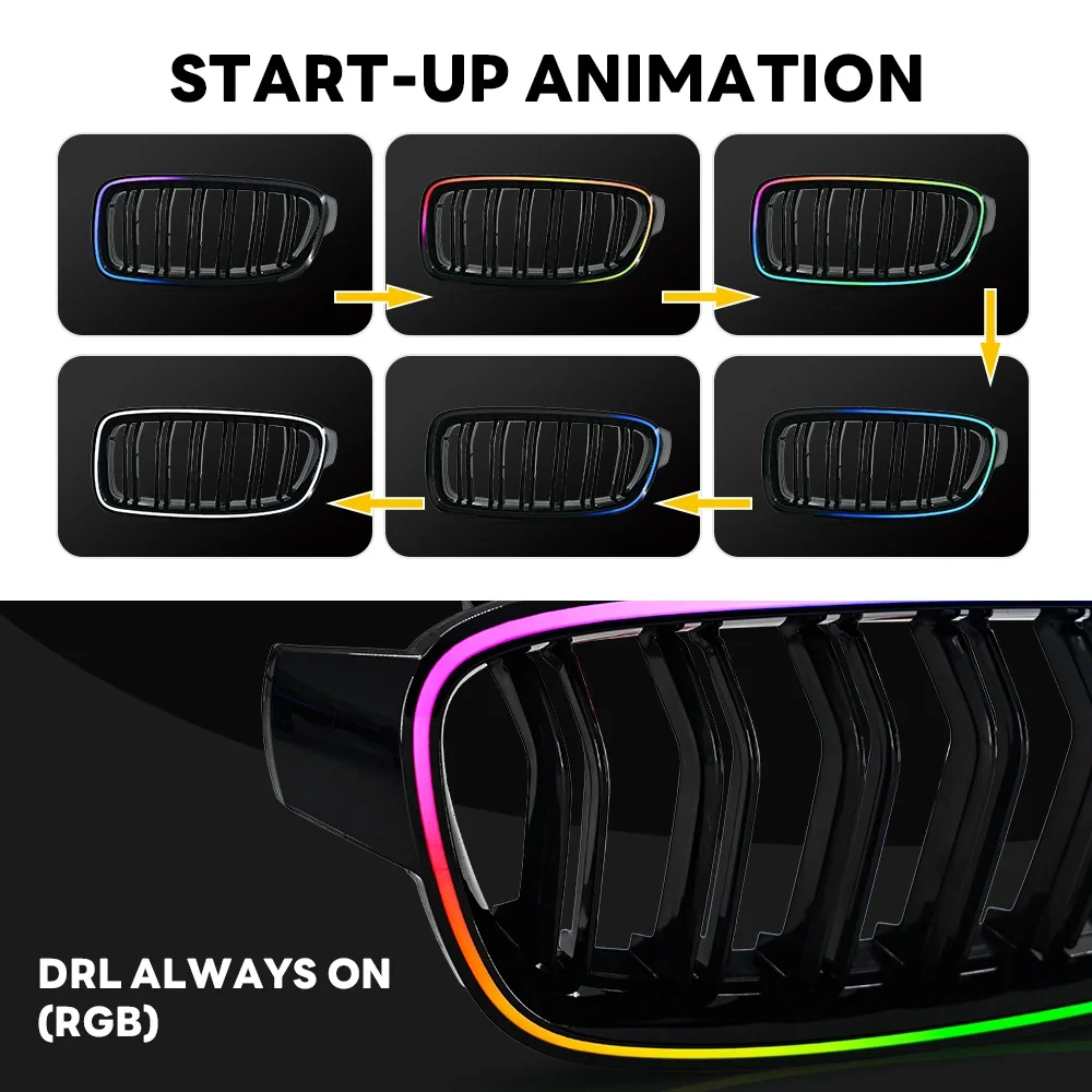 Car Front Illuminated Kidney Grille RGB LED Light Gloss Black for 3 Series F30