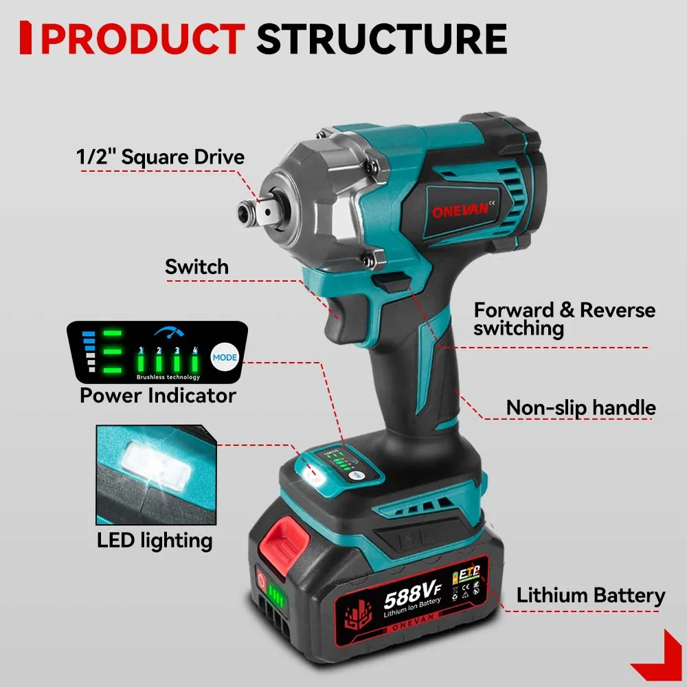 ONEVAN 1200N.M Torque Brushless Electric Impact Wrench 1/2 Inch Screwdriver Socket Power Tools For Makita 18V Battery Pin impact wrench