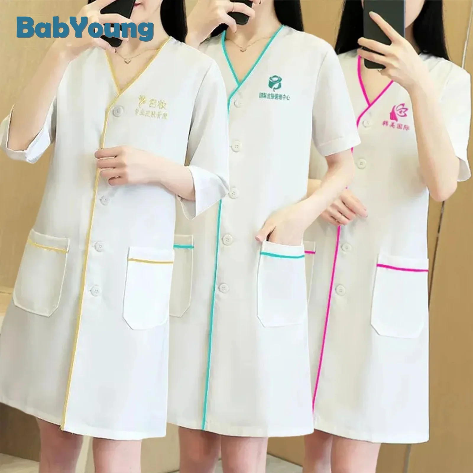 

White Black Short Beauty Dress Spa Uniform Scrub Tops Nurse Doctor Plus Size Surgery Clothes Salon Lab Coat Beautician Tops xxxl
