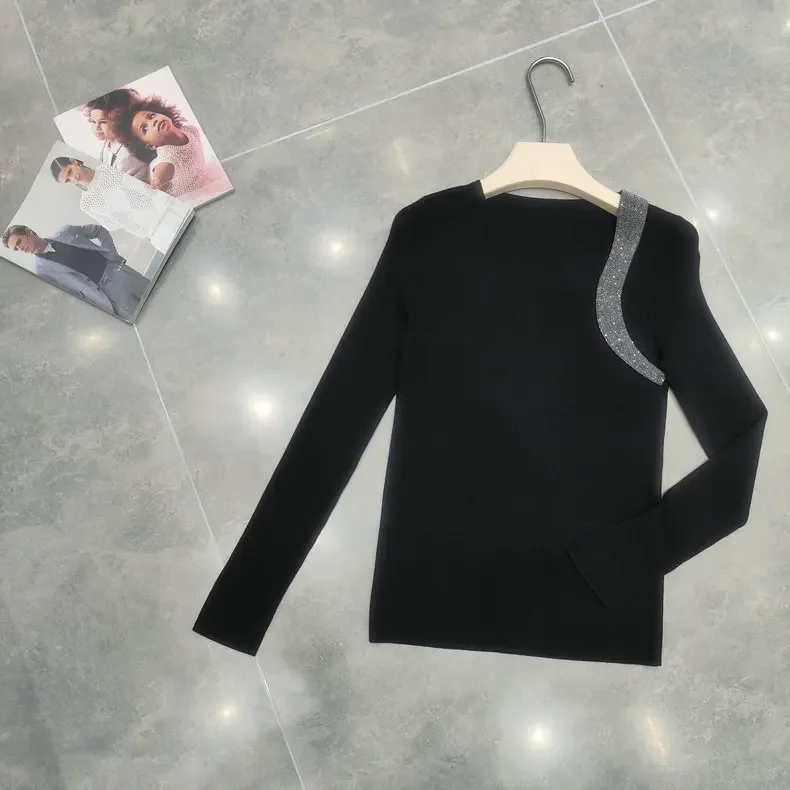 

Autumn New Women Wool Long-sleeved Sweater Beaded Bottoming Top