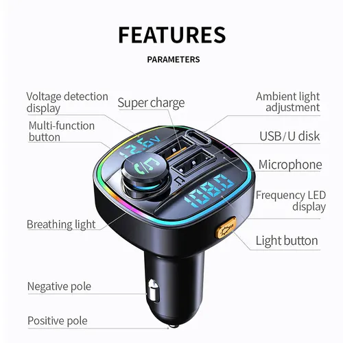 블루투스 5.0 FM 송신기, 차량용 핸즈프리 라디오 변조기, MP3 플레이어, 22.5W USB, 초고속 충전 어댑터 5