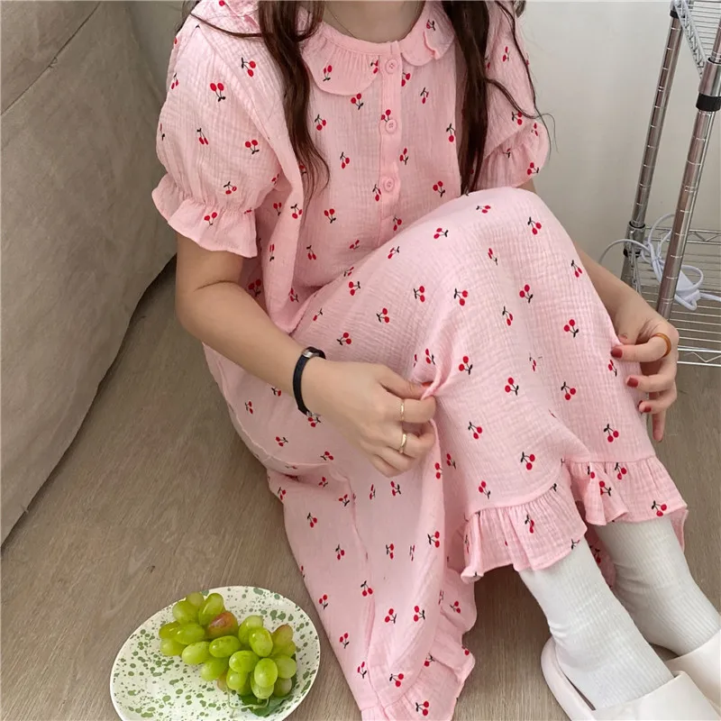 Cherry Print Summer Nightgown Women O-Neck Short Sleeve Casual Cotton Sleepwear Loose Ruffles Homewear Kawaii Korean