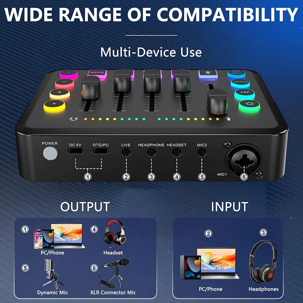 Gaming Audio Mixer Rechargeable Audio Interface RGB Mixer With XLR Microphone Interface 48V Phantom Power For Podcast/Recording