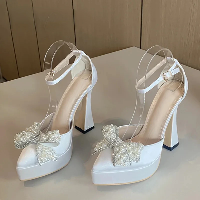 

Ins Style Pearl Butterfly-Knot Women High Heels Sandals Sexy Thick Bottom Pointed Toe Platform Pumps Wedding Banquet Shoes