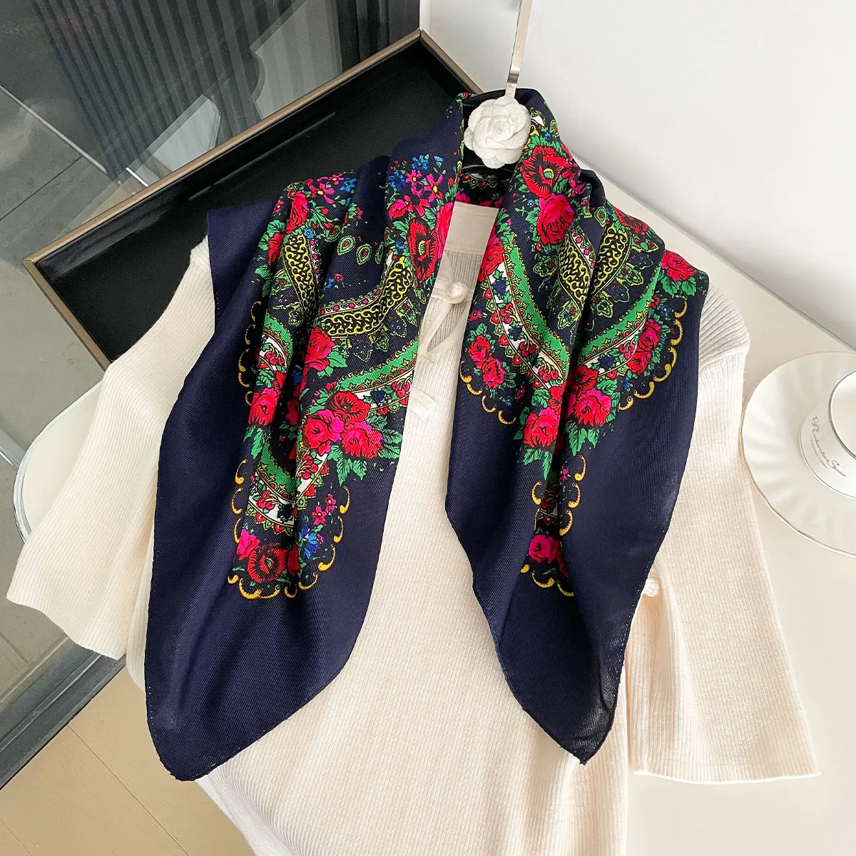 70X70CM High-Quality Square Fashion Scarf Women Floral Cotton Bandanas Lady Scarves HIjab Headband Accessories Handkerchief Hair