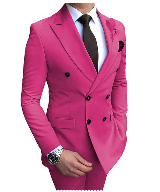 2024 New Beige Men's Suit 2 Pieces Double Breasted Notch Lapel Flat Slim Fit Casual Tuxedos For Wedding(Blazer+Pants) - Fuchsia, XXL