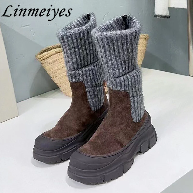 

Winter New Suede Knitting Boots Women Round Toe Thick Sole Mid-Calf Boots Female High Quality Casual Walking Short Boots Woman