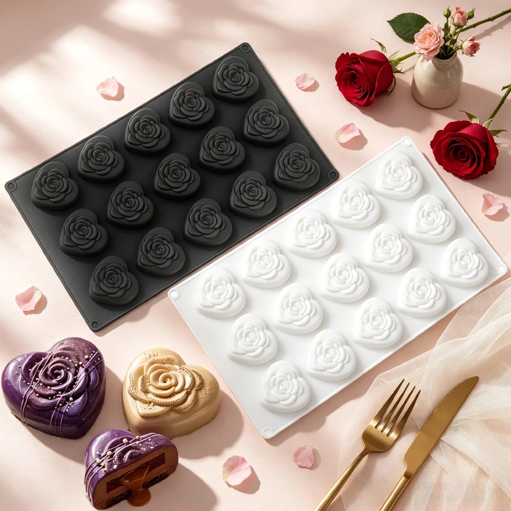 Heart Rose Silicone Mold for Baking and Desserts - Ideal for Mousse, Chocolate, Candy, Pudding, and French Pastries - Perfect for Valentine's Day and Weddings