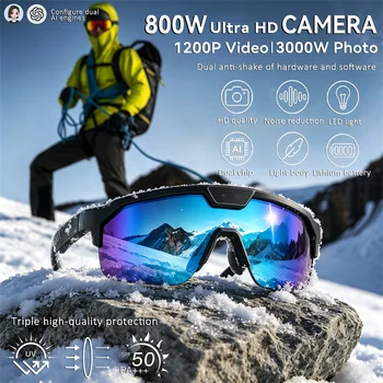 Occhiali Smart AI da Esterno con Fotocamera HD 800W, Chiamate Bluetooth, Traduzione, Anti-Vibrazione, Riduzione Rumore, Anti-UV, Occhiali da Sole per Uomo