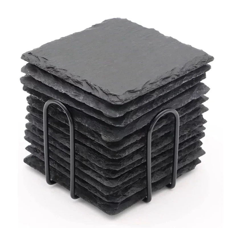 

12PCS Slate Coasters Bulk 4 Inch Square Black Slate Stone Coaster Handmade Drink Bar Slate Coasters