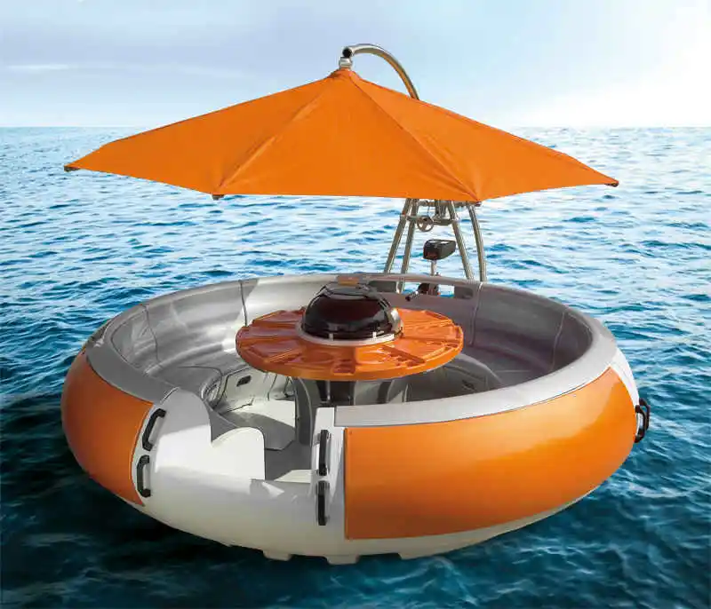Eco electric powered outboard 10 person bbq lake pontoon floating fiberglass small bbq donut-boat round boat with pit