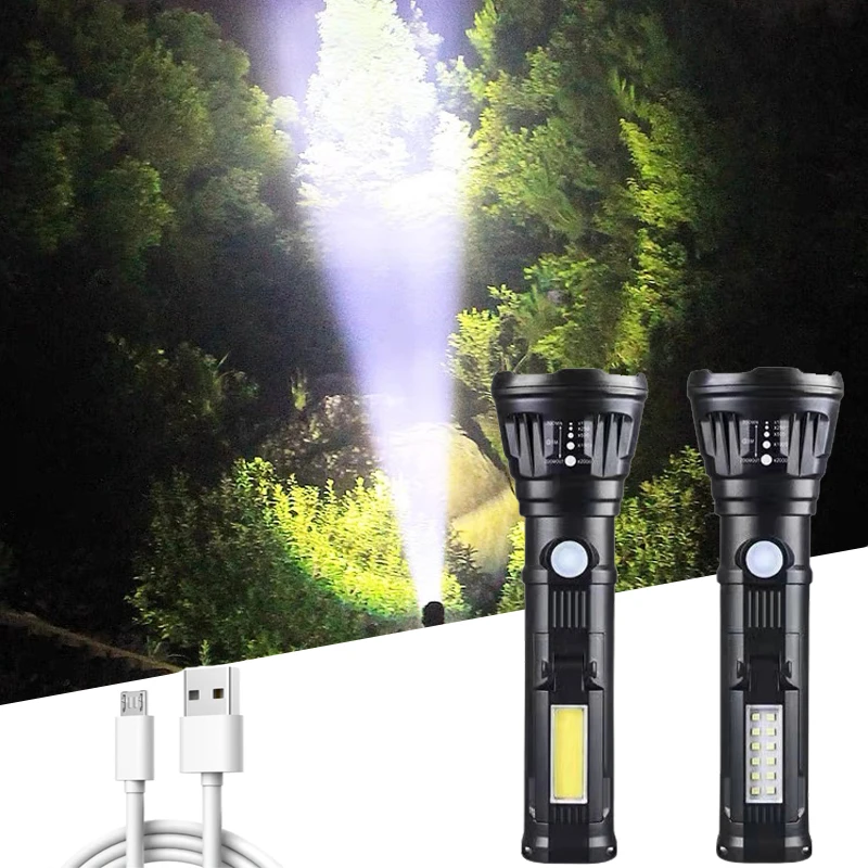 

Powerful LED Flashlight Strong Light Tactical Flash light Long Range 4 Mode Torch Waterproof Camping Hand Light USB Rechargeable