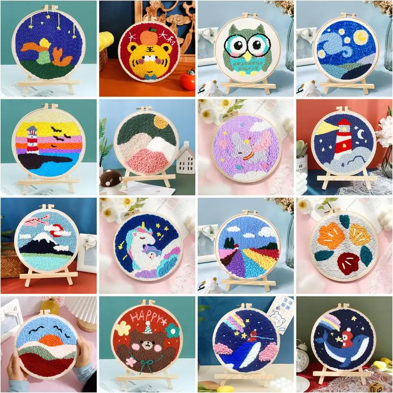 

GATYZTORY DIY Russian Punch Needle Embroidery Handmade Material Pack Circle Landscape Style Embroidery Kit Home Decoration